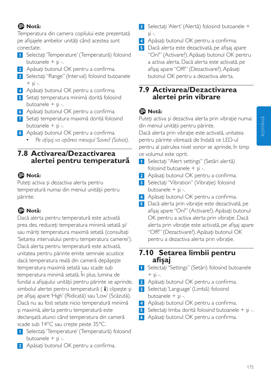 9 activarea/dezactivarea alertei prin vibrare, 10 setarea limbii pentru afişaj | Philips SCD535 User Manual | Page 175 / 268