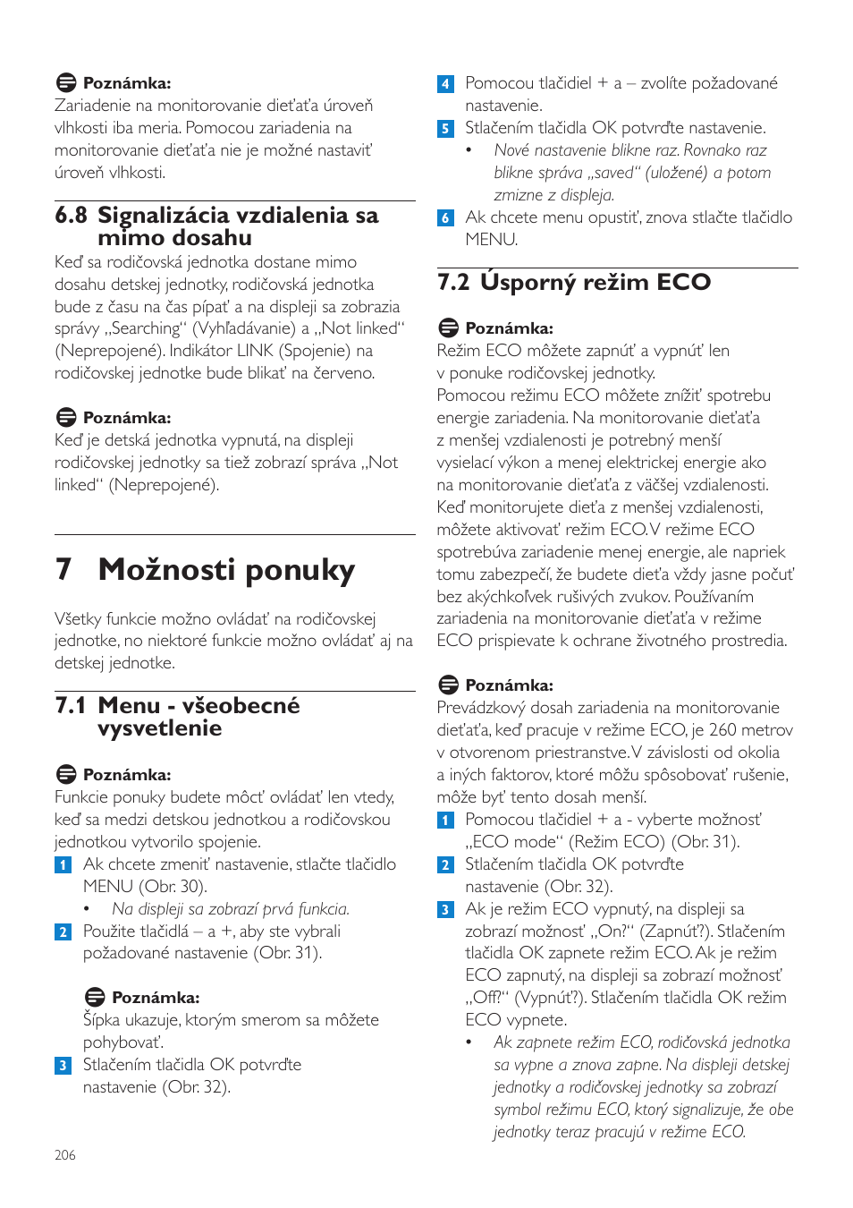 7 možnosti ponuky, 2 úsporný režim eco, 8 signalizácia vzdialenia sa mimo dosahu | 1 menu - všeobecné vysvetlenie | Philips SCD535 User Manual | Page 206 / 268