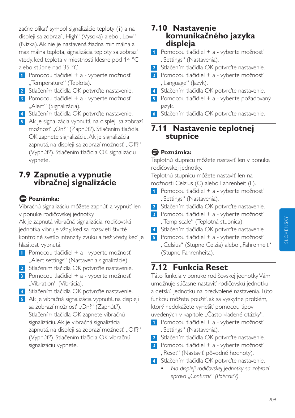 10 nastavenie komunikačného jazyka displeja, 11 nastavenie teplotnej stupnice, 12 funkcia reset | 9 zapnutie a vypnutie vibračnej signalizácie | Philips SCD535 User Manual | Page 209 / 268