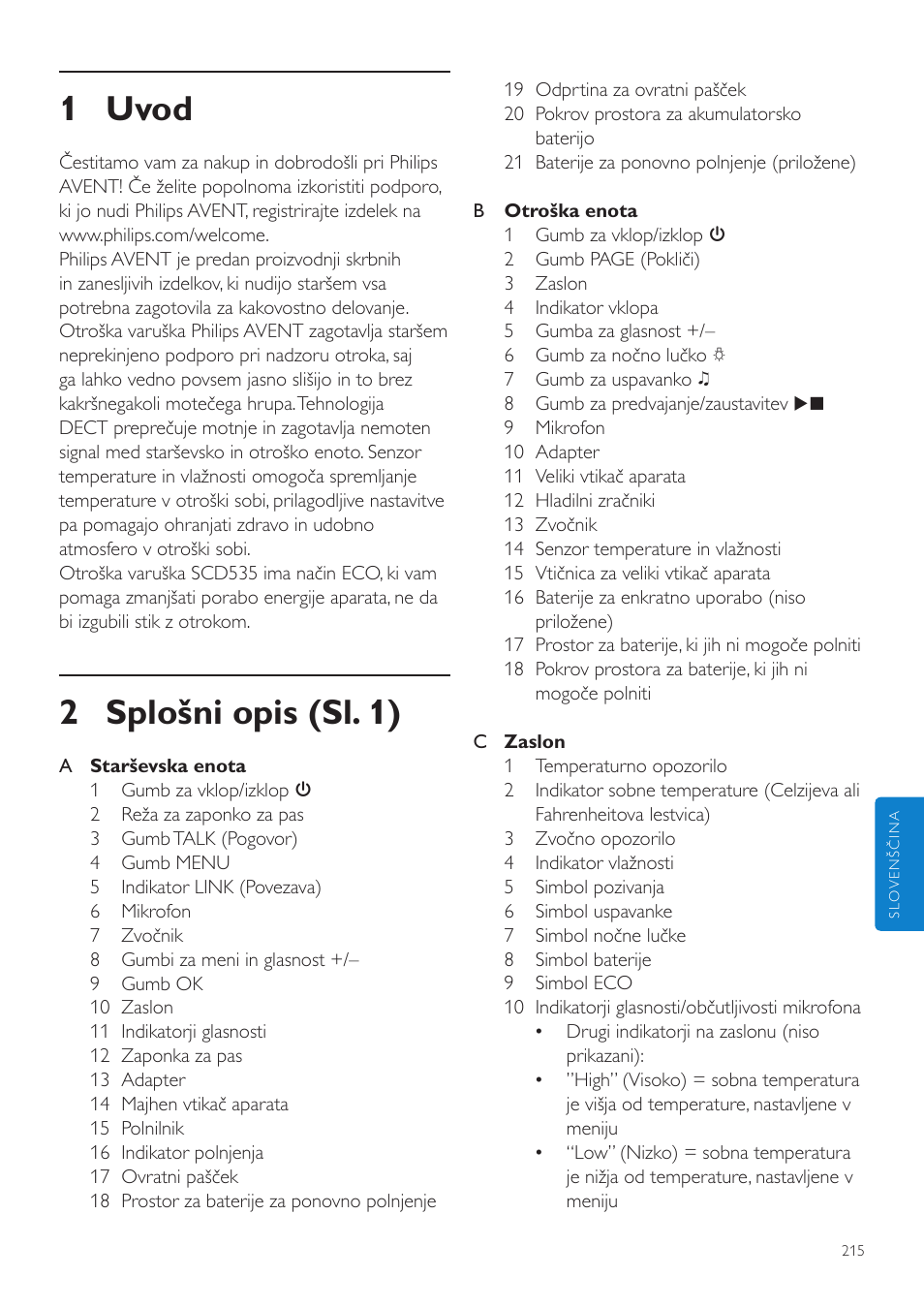 Uporabniški priročnik, 1 uvod, 2 splošni opis (sl. 1) | Philips SCD535 User Manual | Page 215 / 268