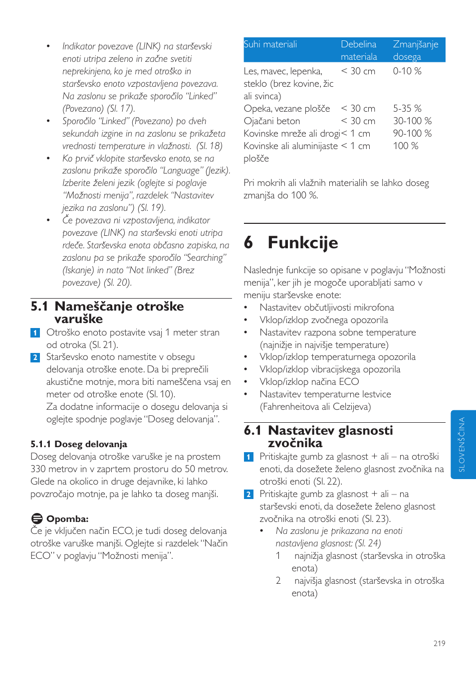 6 funkcije, 1 nastavitev glasnosti zvočnika, 1 nameščanje otroške varuške | Philips SCD535 User Manual | Page 219 / 268