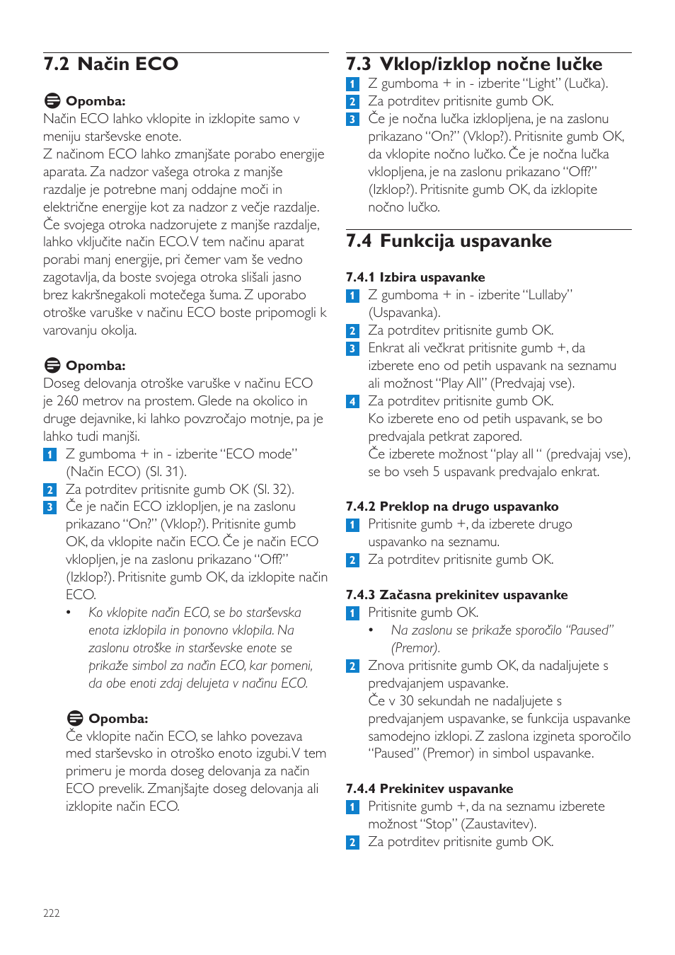 3 vklop/izklop nočne lučke, 4 funkcija uspavanke, 2 način eco | Philips SCD535 User Manual | Page 222 / 268