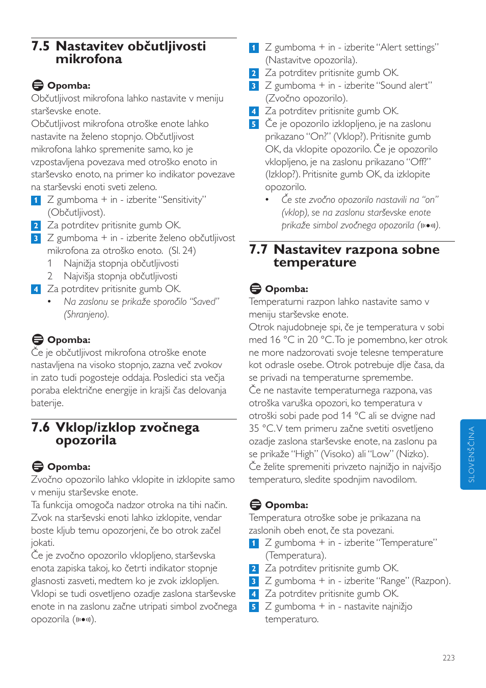 7 nastavitev razpona sobne temperature, 5 nastavitev občutljivosti mikrofona, 6 vklop/izklop zvočnega opozorila | Philips SCD535 User Manual | Page 223 / 268