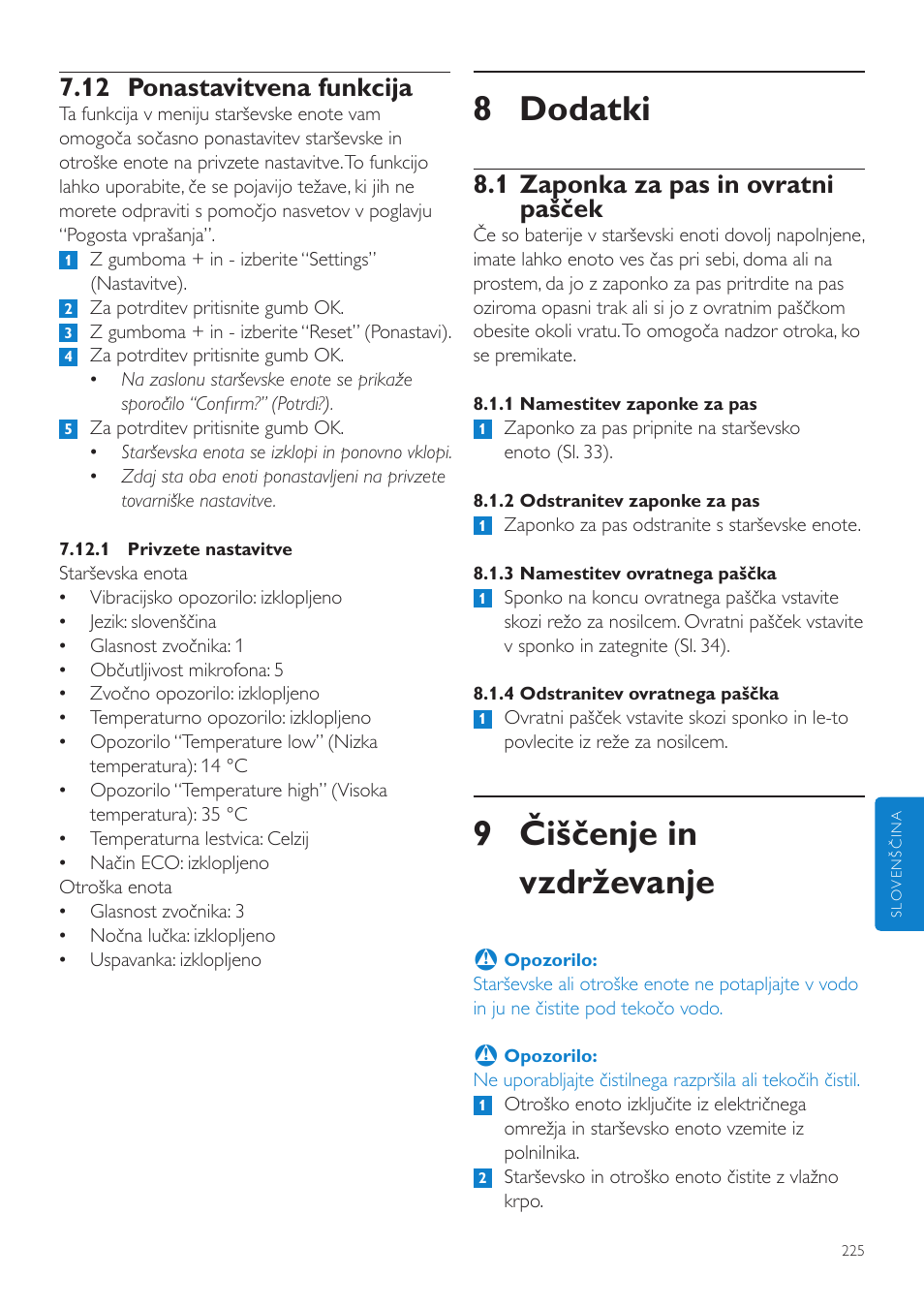 8 dodatki, 9 čiščenje in vzdrževanje, 1 zaponka za pas in ovratni pašček | 12 ponastavitvena funkcija | Philips SCD535 User Manual | Page 225 / 268