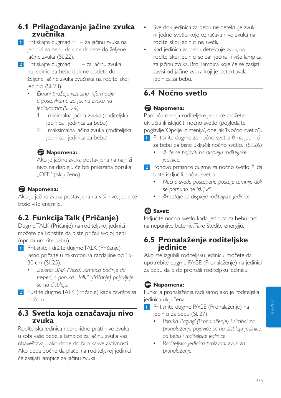 4 noćno svetlo, 5 pronalaženje roditeljske jedinice, 1 prilagođavanje jačine zvuka zvučnika | 2 funkcija talk (pričanje), 3 svetla koja označavaju nivo zvuka | Philips SCD535 User Manual | Page 235 / 268