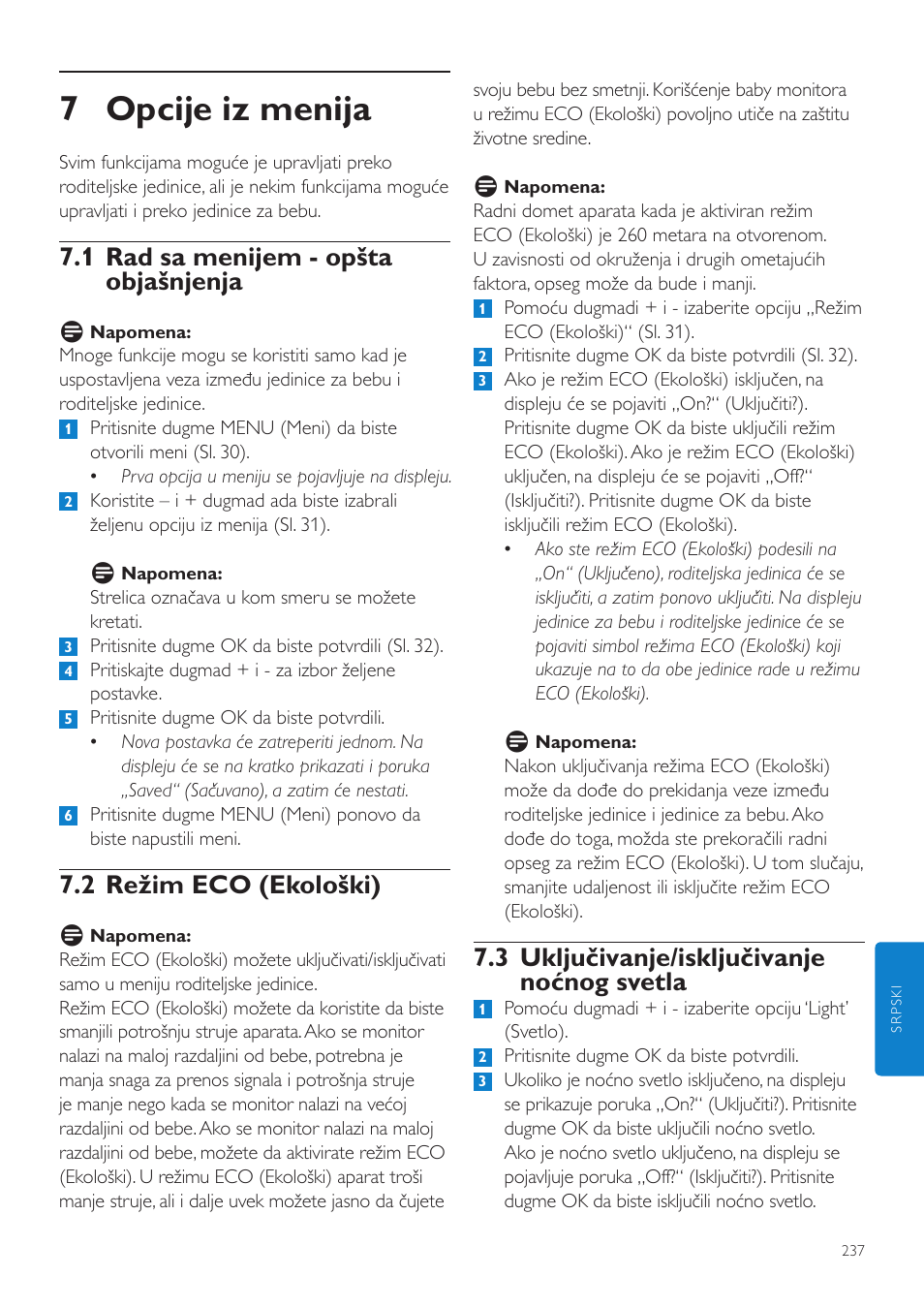 7 opcije iz menija, 3 uključivanje/isključivanje noćnog svetla, 1 rad sa menijem - opšta objašnjenja | 2 režim eco (ekološki) | Philips SCD535 User Manual | Page 237 / 268