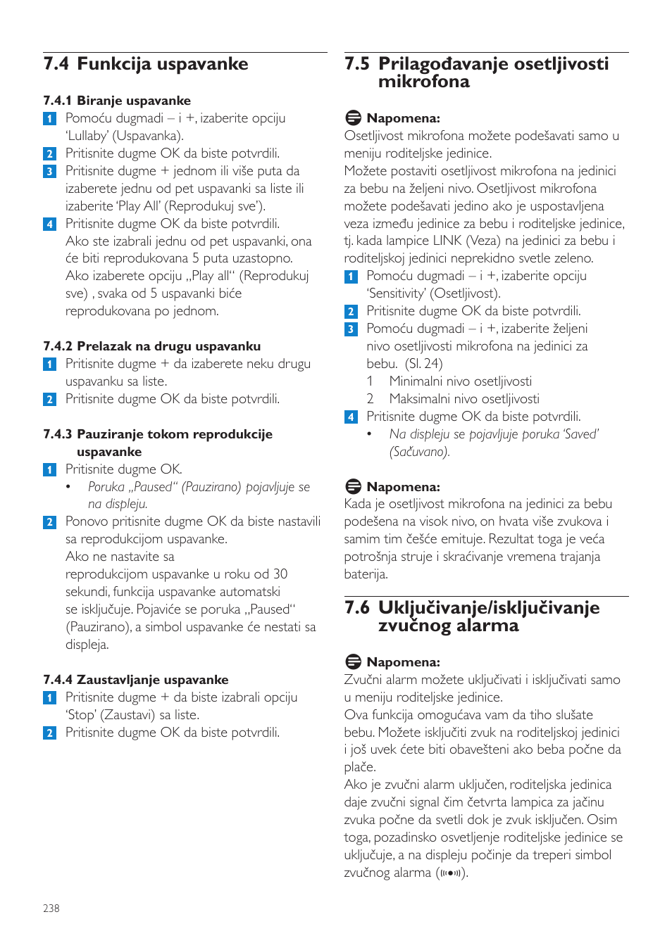 5 prilagođavanje osetljivosti mikrofona, 6 uključivanje/isključivanje zvučnog alarma, 4 funkcija uspavanke | Philips SCD535 User Manual | Page 238 / 268