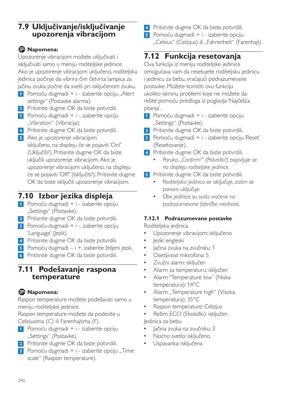 12 funkcija resetovanja, 9 uključivanje/isključivanje upozorenja vibracijom, 10 izbor jezika displeja | 11 podešavanje raspona temperature | Philips SCD535 User Manual | Page 240 / 268