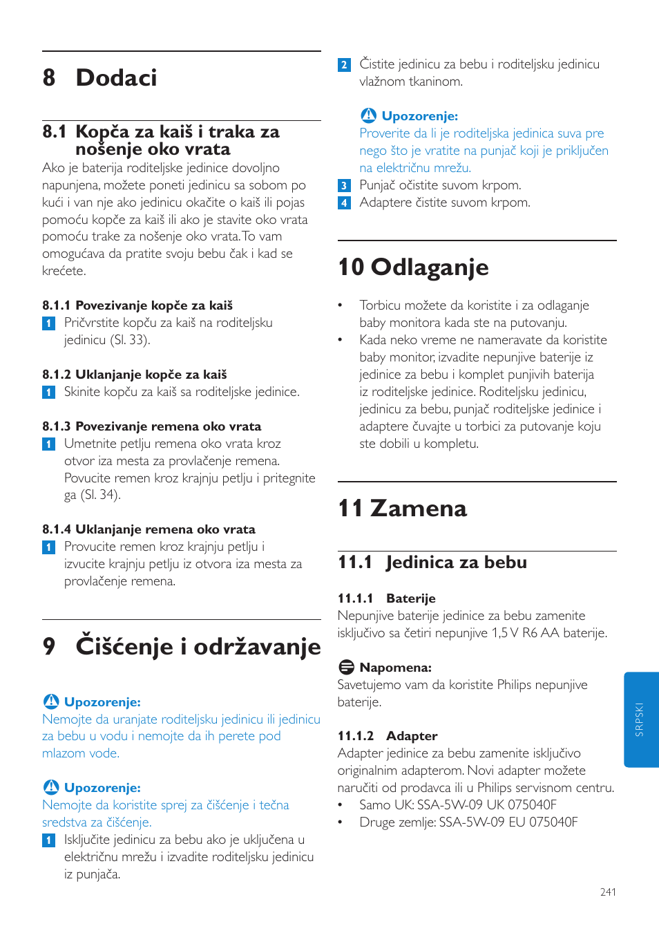 10 odlaganje, 11 zamena, 8 dodaci | 9 čišćenje i održavanje, 1 jedinica za bebu, 1 kopča za kaiš i traka za nošenje oko vrata | Philips SCD535 User Manual | Page 241 / 268