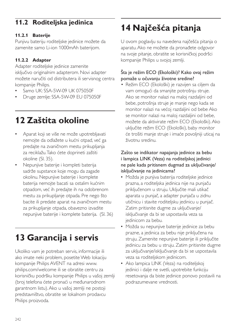 14 najčešća pitanja, 12 zaštita okoline, 13 garancija i servis | 2 roditeljska jedinica | Philips SCD535 User Manual | Page 242 / 268
