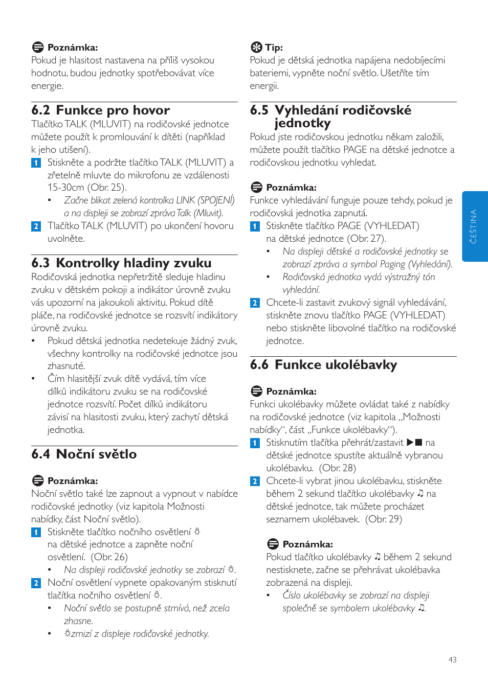 5 vyhledání rodičovské jednotky, 6 funkce ukolébavky, 2 funkce pro hovor | 3 kontrolky hladiny zvuku, 4 noční světlo | Philips SCD535 User Manual | Page 43 / 268