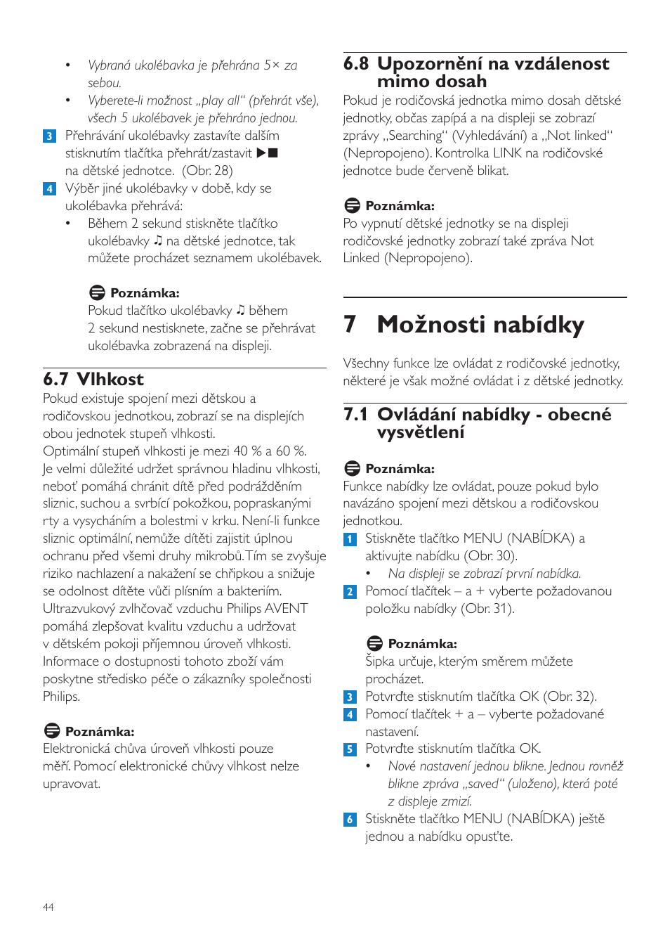 7 možnosti nabídky, 8 upozornění na vzdálenost mimo dosah, 1 ovládání nabídky - obecné vysvětlení | 7 vlhkost | Philips SCD535 User Manual | Page 44 / 268