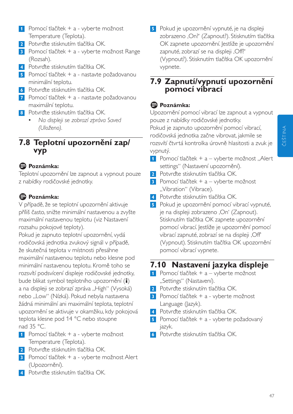 9 zapnutí/vypnutí upozornění pomocí vibrací, 10 nastavení jazyka displeje, 8 teplotní upozornění zap/ vyp | Philips SCD535 User Manual | Page 47 / 268
