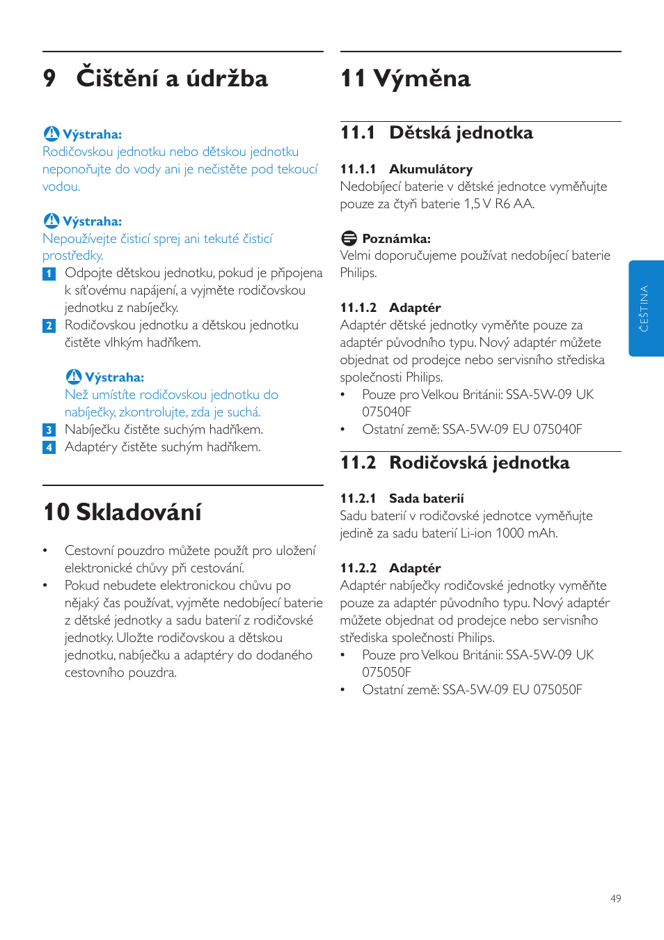 11 výměna, 9 čištění a údržba, 10 skladování | 1 dětská jednotka, 2 rodičovská jednotka | Philips SCD535 User Manual | Page 49 / 268
