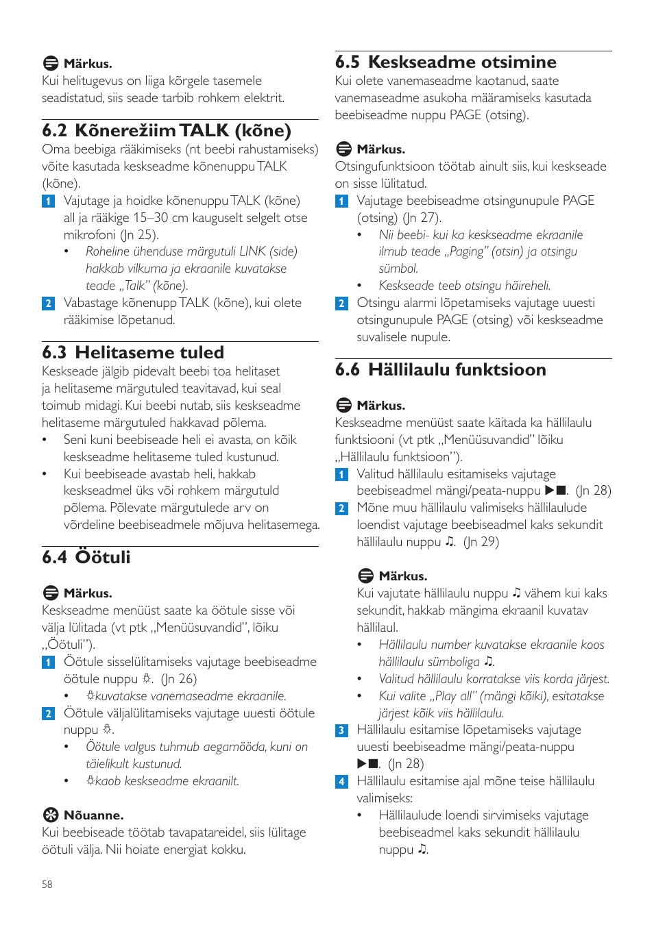 5 keskseadme otsimine, 6 hällilaulu funktsioon, 2 kõnerežiim talk (kõne) | 3 helitaseme tuled, 4 öötuli | Philips SCD535 User Manual | Page 58 / 268