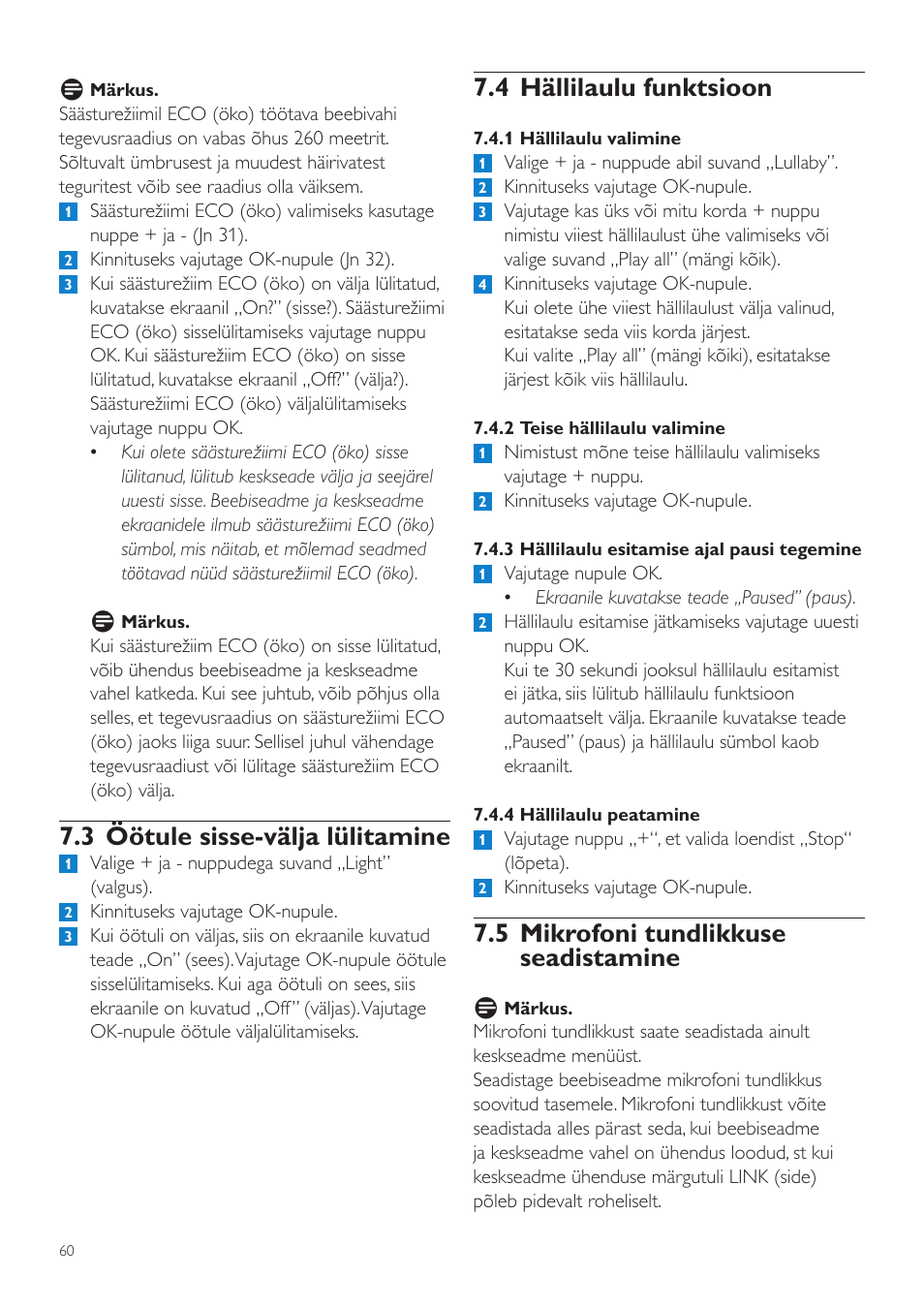 4 hällilaulu funktsioon, 5 mikrofoni tundlikkuse seadistamine, 3 öötule sisse-välja lülitamine | Philips SCD535 User Manual | Page 60 / 268