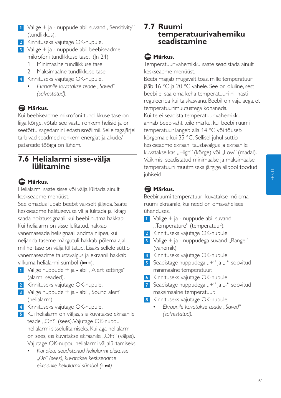 7 ruumi temperatuurivahemiku seadistamine, 6 helialarmi sisse-välja lülitamine | Philips SCD535 User Manual | Page 61 / 268