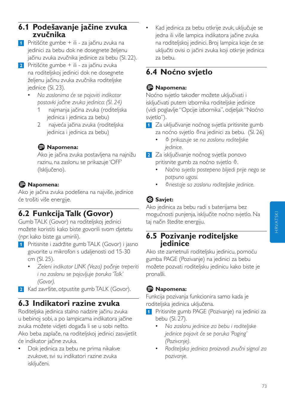 4 noćno svjetlo, 5 pozivanje roditeljske jedinice, 1 podešavanje jačine zvuka zvučnika | 2 funkcija talk (govor), 3 indikatori razine zvuka | Philips SCD535 User Manual | Page 73 / 268