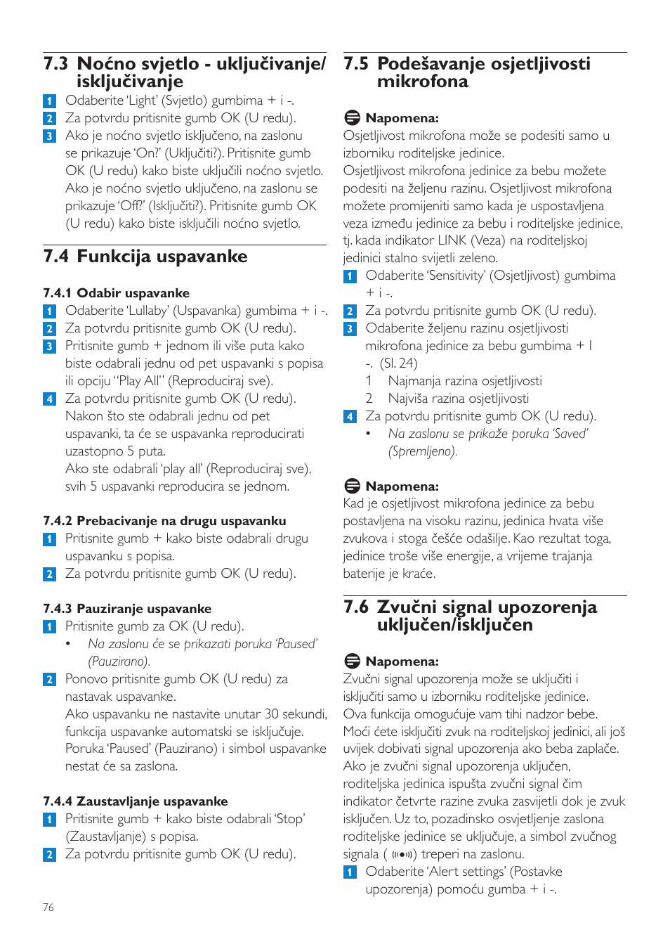 5 podešavanje osjetljivosti mikrofona, 6 zvučni signal upozorenja uključen/isključen, 3 noćno svjetlo - uključivanje/ isključivanje | 4 funkcija uspavanke | Philips SCD535 User Manual | Page 76 / 268