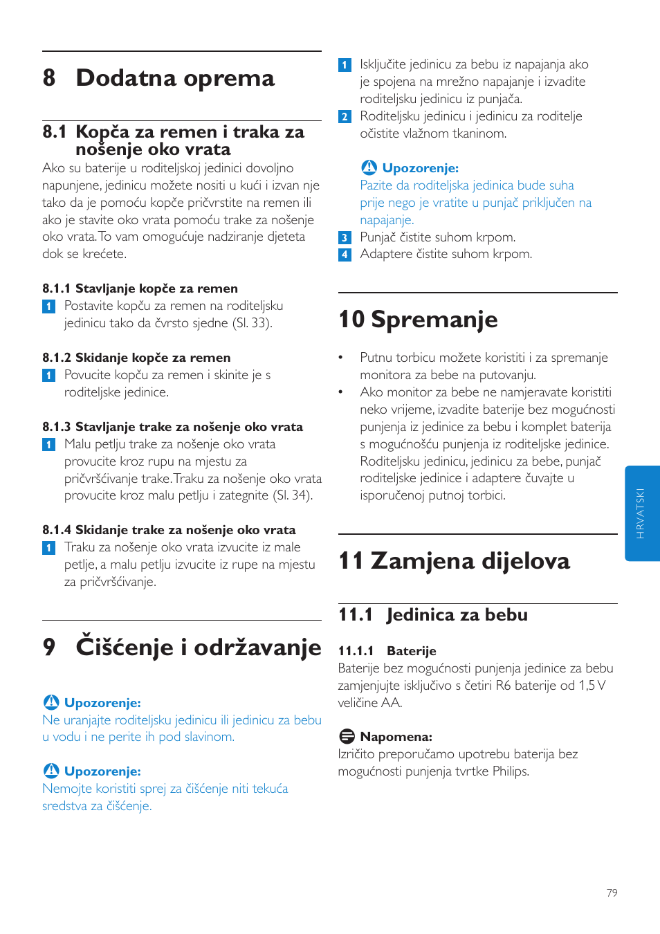 10 spremanje, 11 zamjena dijelova, 8 dodatna oprema | 9 čišćenje i održavanje, 1 jedinica za bebu, 1 kopča za remen i traka za nošenje oko vrata | Philips SCD535 User Manual | Page 79 / 268