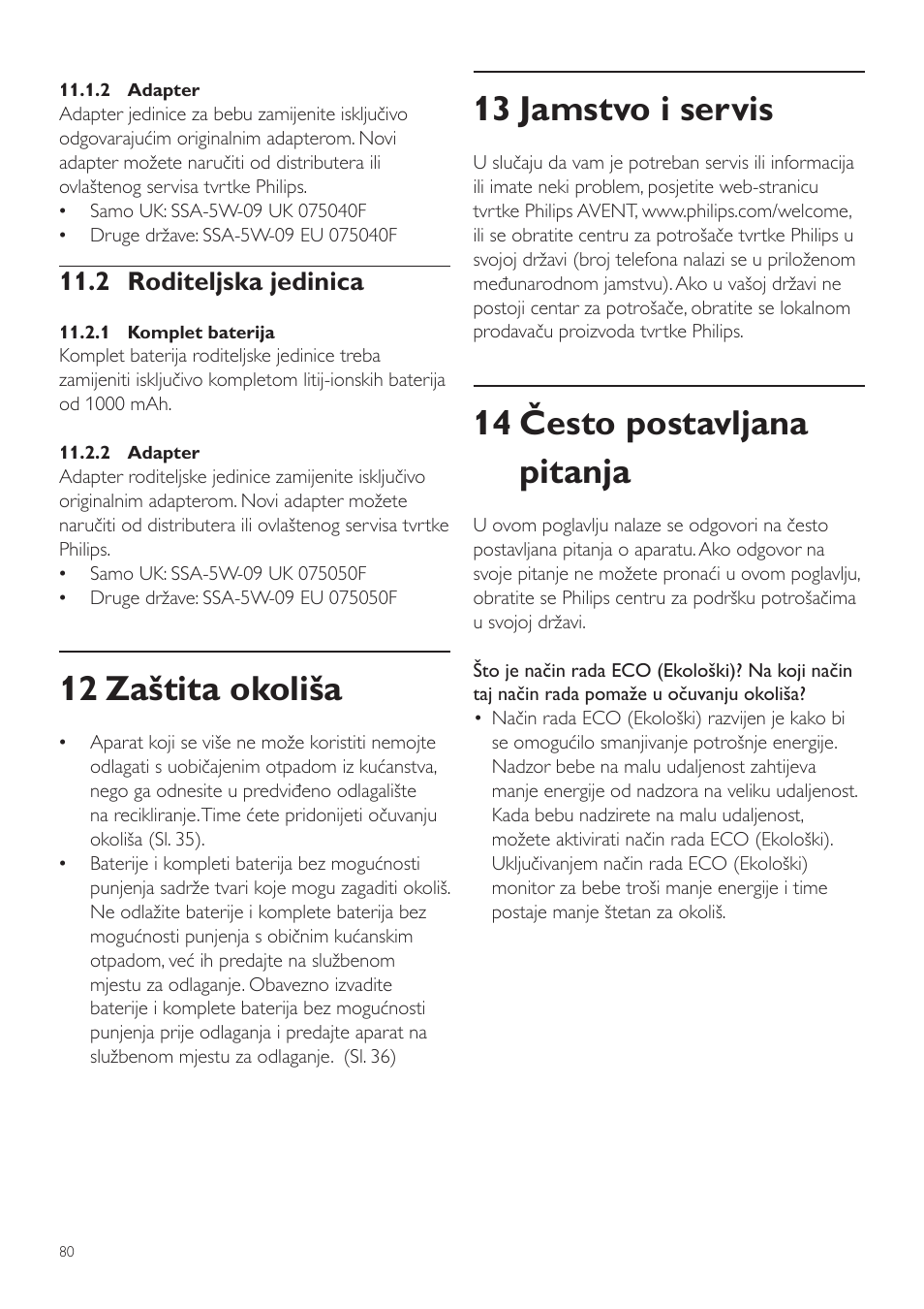 13 jamstvo i servis, 14 često postavljana pitanja, 12 zaštita okoliša | 2 roditeljska jedinica | Philips SCD535 User Manual | Page 80 / 268