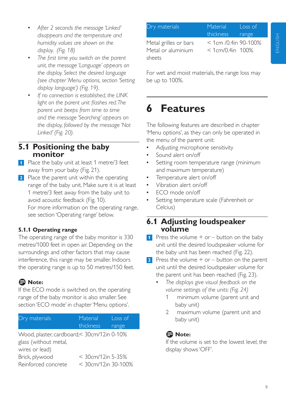 6 features, 1 adjusting loudspeaker volume, 1 positioning the baby monitor | Philips SCD535 User Manual | Page 9 / 268