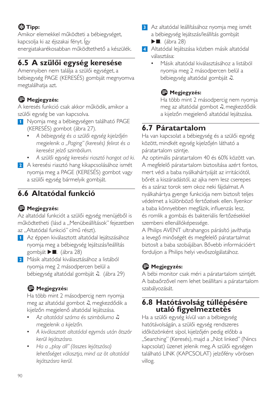 7 páratartalom, 8 hatótávolság túllépésére utaló figyelmeztetés, 5 a szülői egység keresése | 6 altatódal funkció | Philips SCD535 User Manual | Page 90 / 268