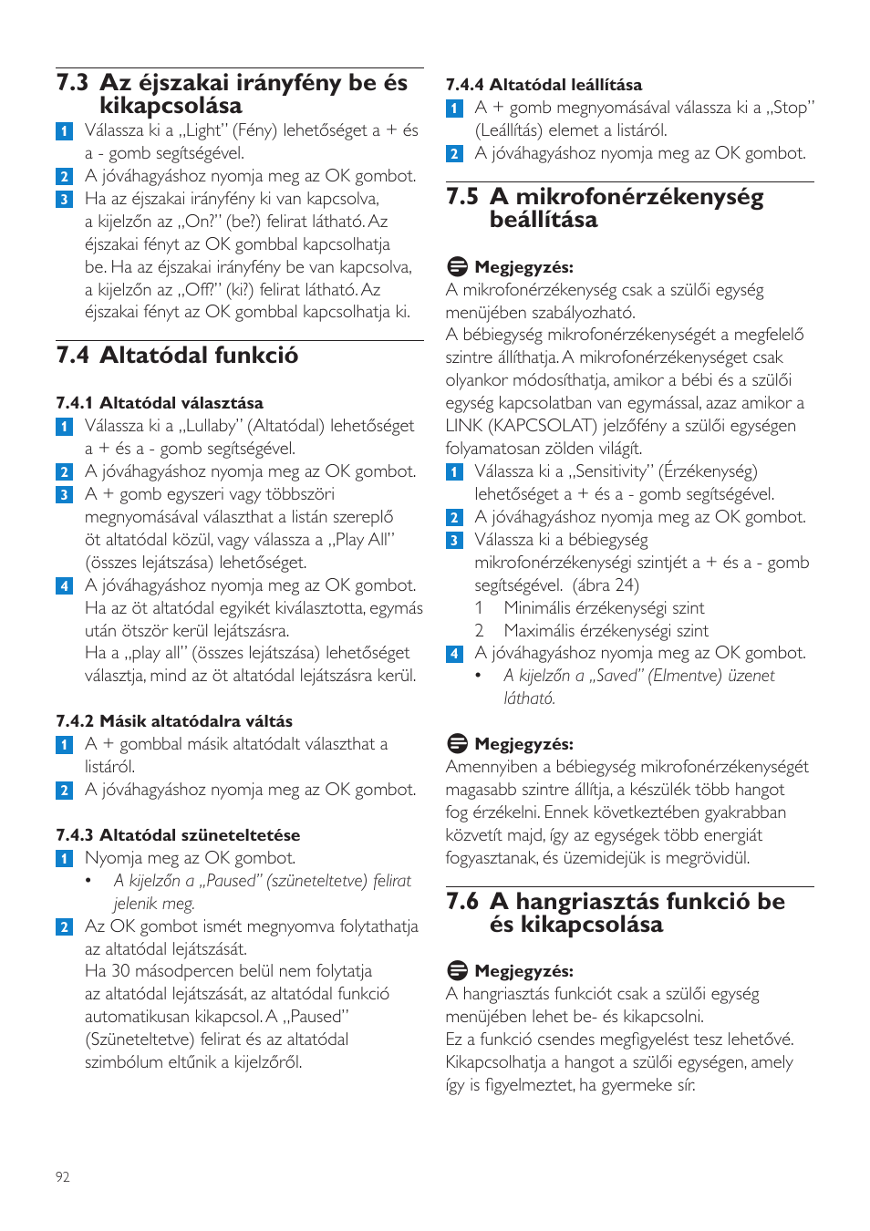 5 a mikrofonérzékenység beállítása, 6 a hangriasztás funkció be és kikapcsolása, 3 az éjszakai irányfény be és kikapcsolása | 4 altatódal funkció | Philips SCD535 User Manual | Page 92 / 268