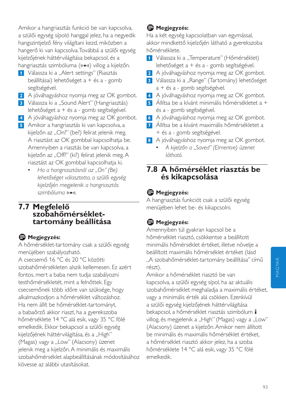 8 a hőmérséklet riasztás be és kikapcsolása, 7 megfelelő szobahőmérséklet- tartomány beállítása | Philips SCD535 User Manual | Page 93 / 268