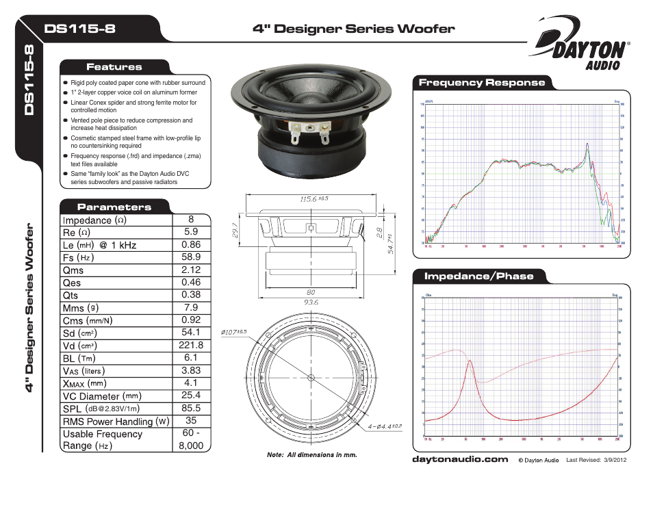 Dayton Audio DS115-8 4" Designer Series Woofer Speaker User Manual | 1 page