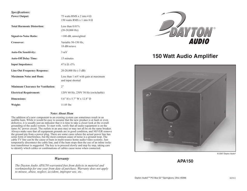 Dayton Audio APA150 150W Power Amplifier User Manual | 2 pages