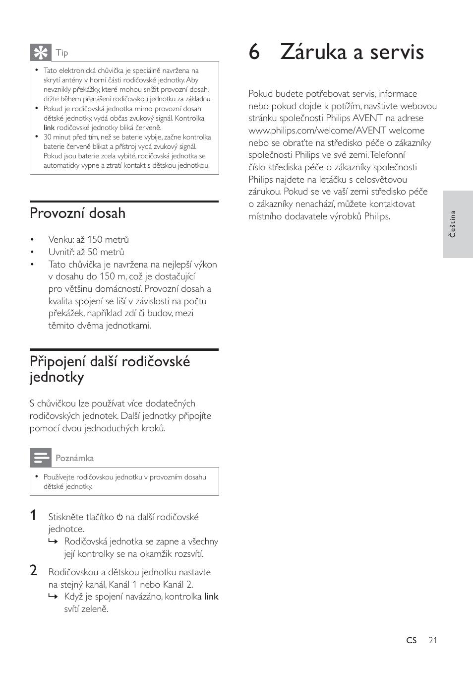 6 záruka a servis, 3uryr]qt grvdk, 3ŏlsrmhqt gdoåt urglĉryvnp jednotky | Philips SCD485 User Manual | Page 19 / 101
