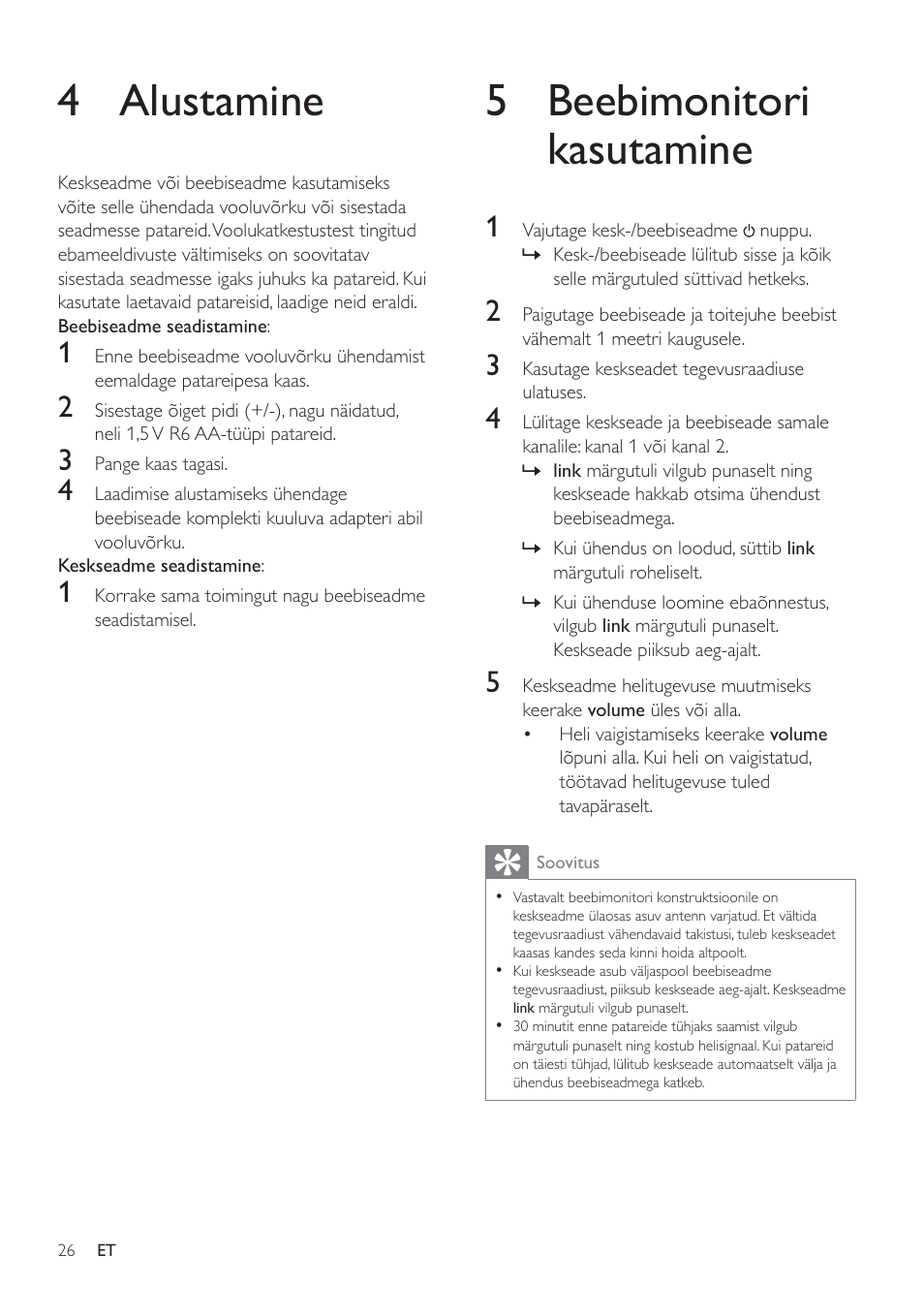 5 beebimonitori kasutamine, 4 alustamine | Philips SCD485 User Manual | Page 24 / 101