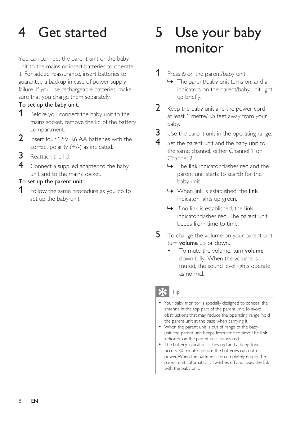 5 use your baby monitor, 4 get started | Philips SCD485 User Manual | Page 6 / 101