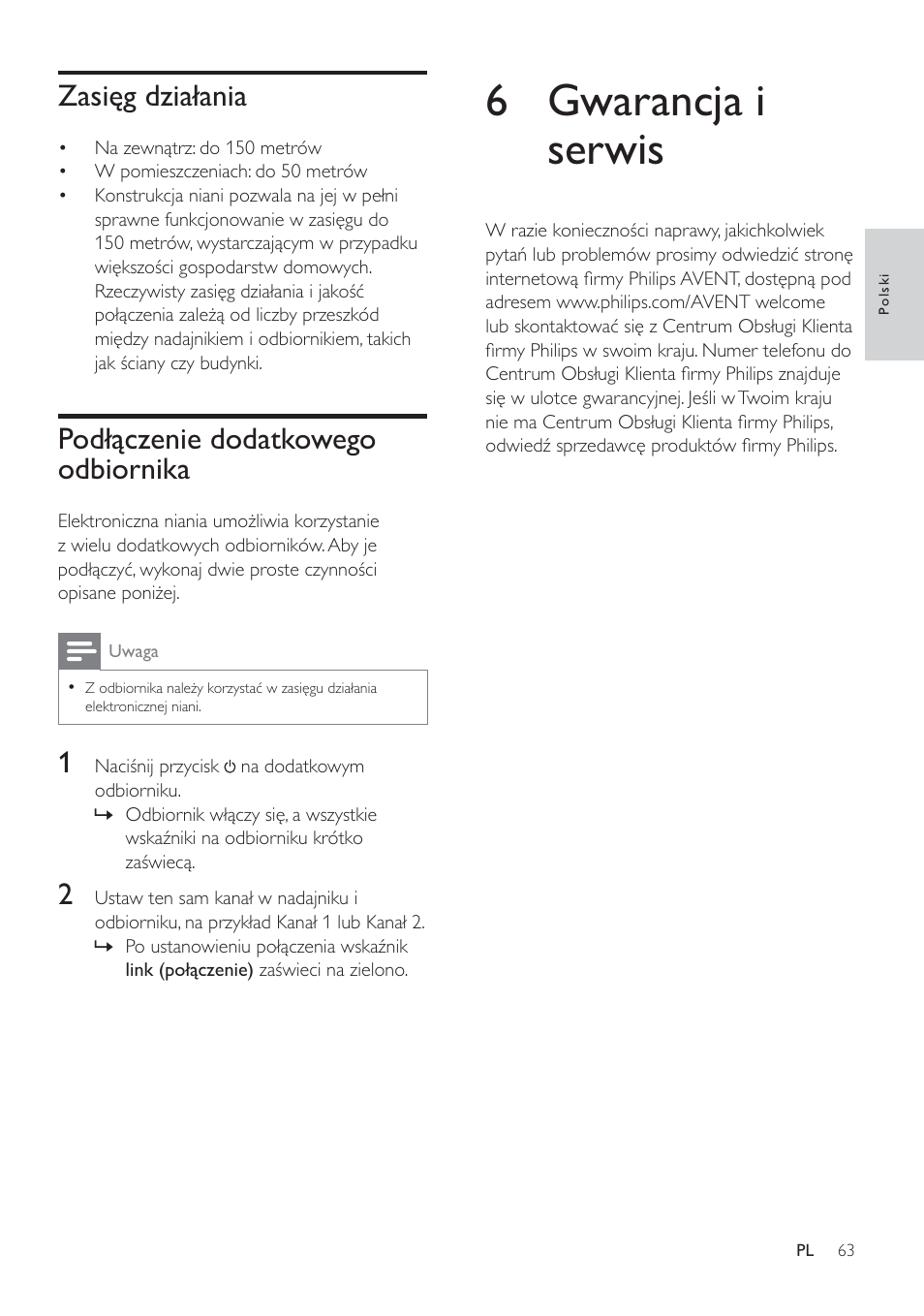 6 gwarancja i serwis, Dvlĕj g]ldãdqld, 3rgãāf]hqlh grgdwnrzhjr odbiornika | Philips SCD485 User Manual | Page 61 / 101