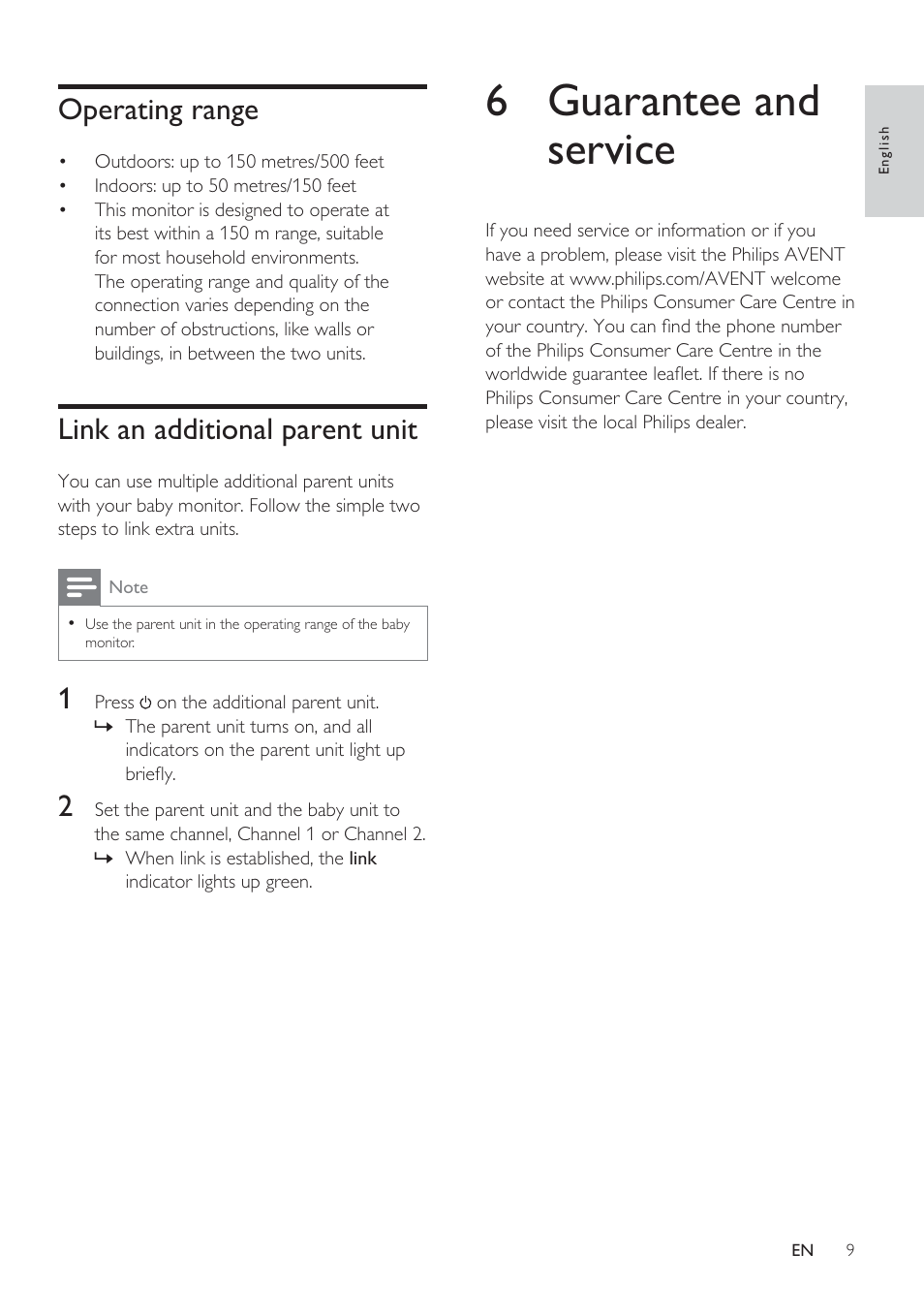 6 guarantee and service, Operating range, Link an additional parent unit | Philips SCD485 User Manual | Page 7 / 101