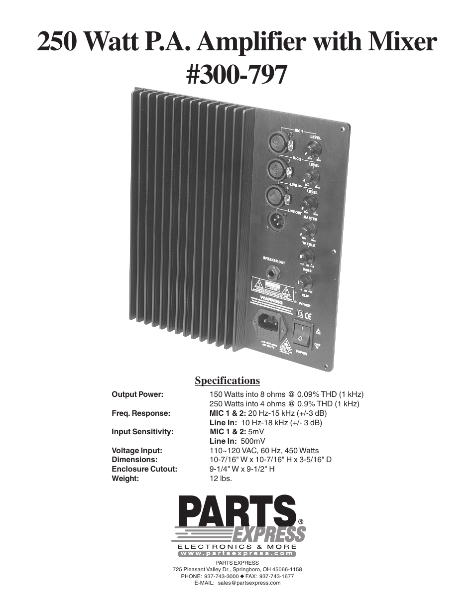 Dayton Audio PMA250 250W PA Module with Mixer User Manual | 2 pages