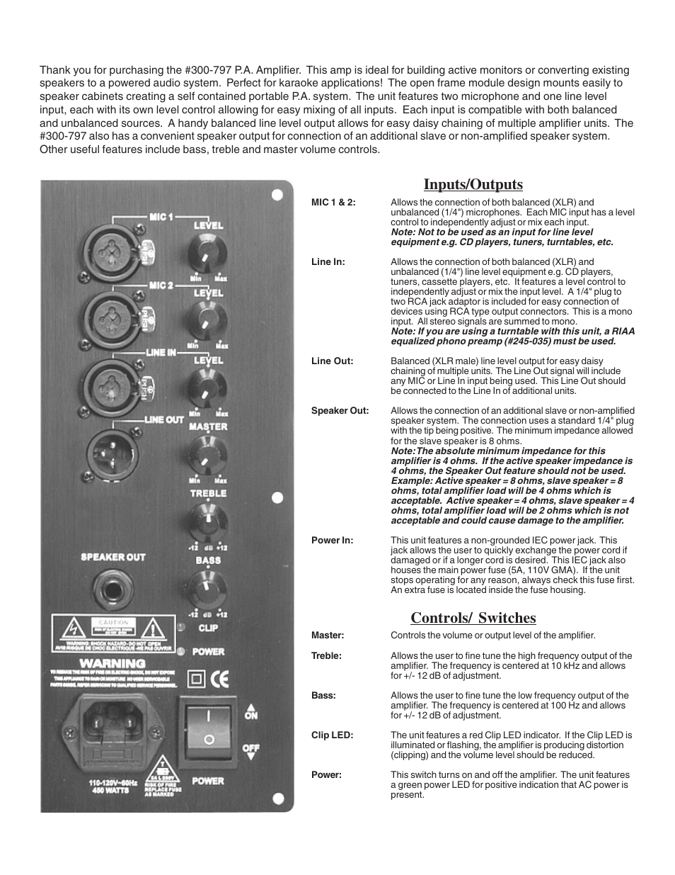 Inputs/outputs, Controls/ switches | Dayton Audio PMA250 250W PA Module with Mixer User Manual | Page 2 / 2