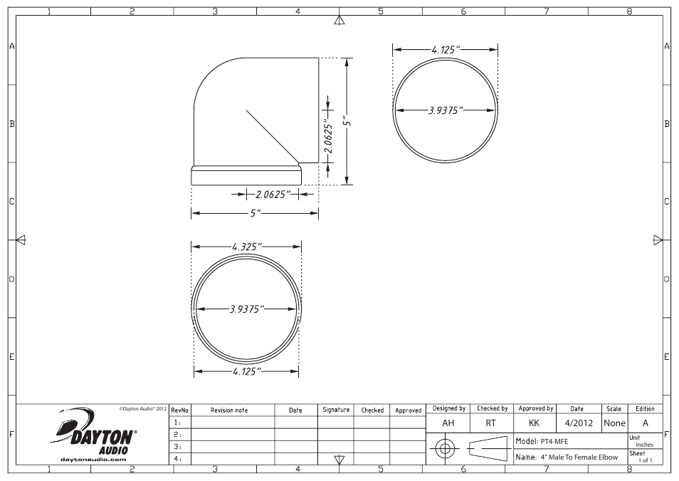 Dayton Audio PT4-MFE 4" Male To Female Elbow User Manual | 1 page