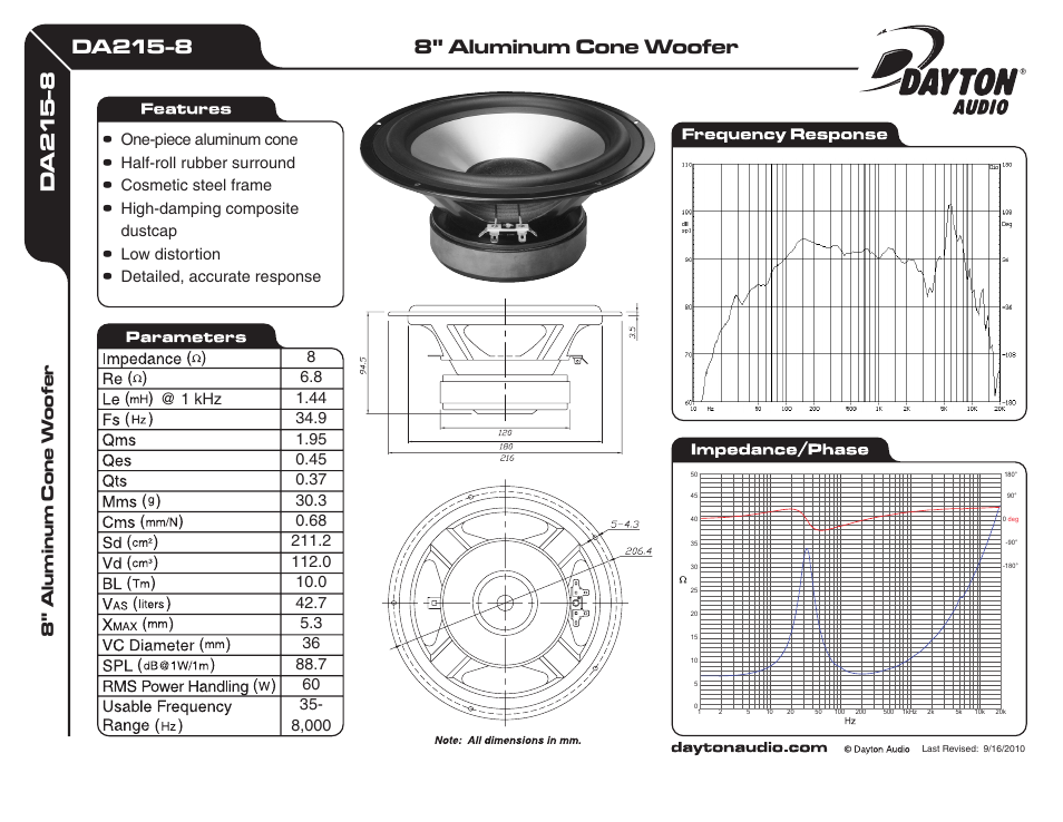 Dayton Audio DA215-8 8" Aluminum Cone Woofer User Manual | 1 page