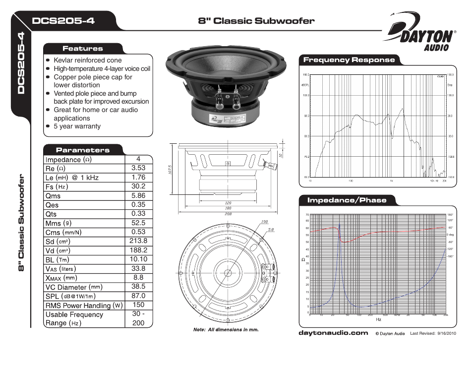 Dayton Audio DCS205-4 8" Classic Subwoofer 4 Ohm User Manual | 1 page