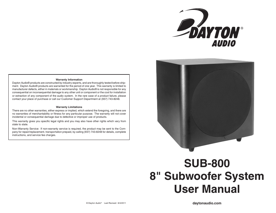 Dayton Audio SUB-800 8" 80 Watt Powered Subwoofer User Manual | 2 pages
