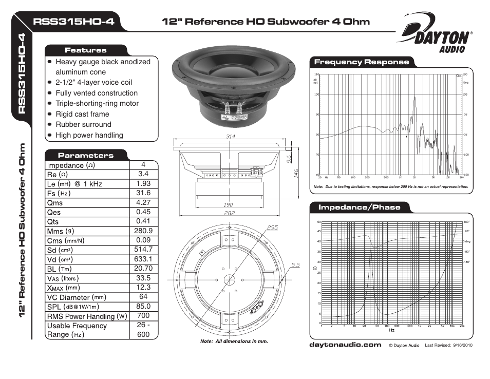 Dayton Audio RSS315HO-4 12" Reference HO Subwoofer 4 Ohm User Manual | 1 page