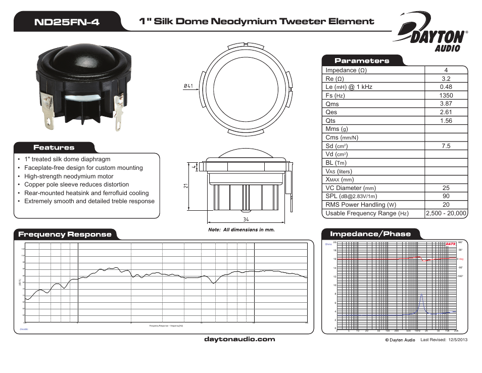 Dayton Audio ND25FN-4 1" Neo Silk Dome Tweeter Element 4 Ohm User Manual | 1 page