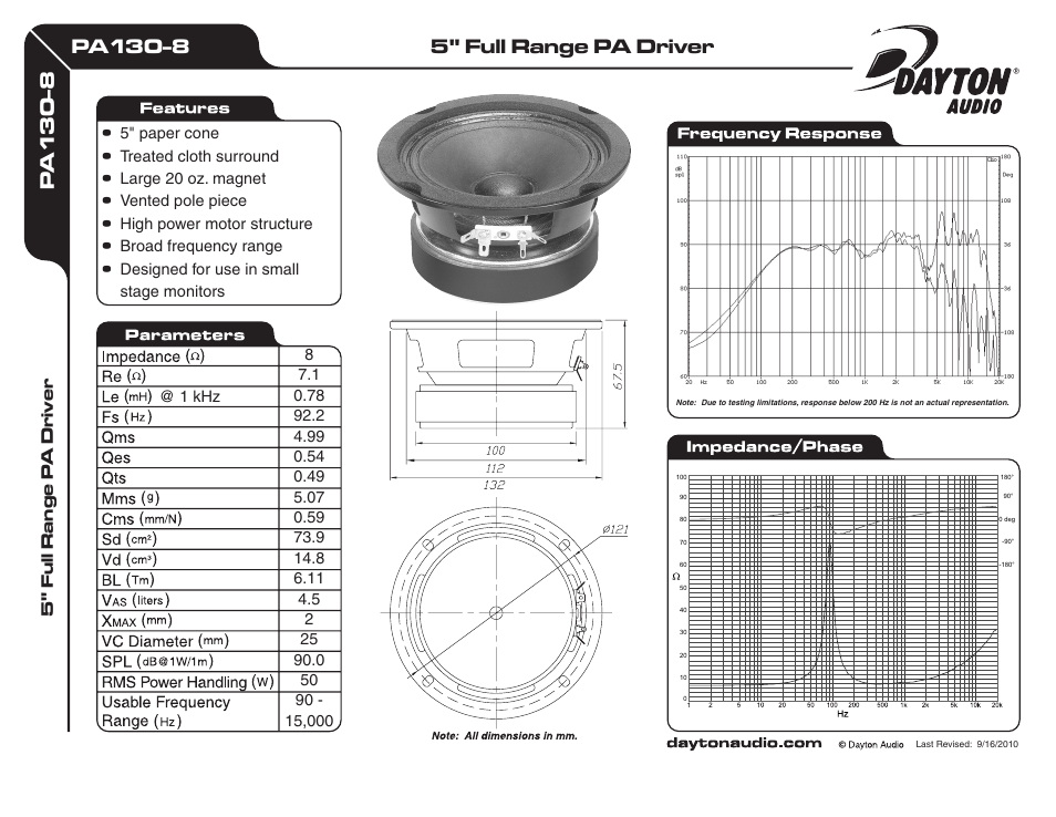 Dayton Audio PA130-8 5" Full Range PA Driver User Manual | 1 page