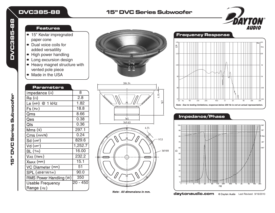 Dayton Audio DVC385-88 15" DVC Series Subwoofer User Manual | 1 page