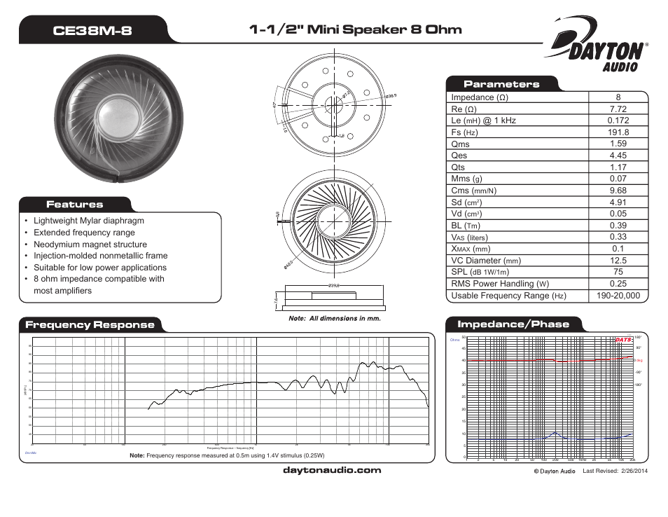Dayton Audio CE38M-8 1-1 User Manual | 1 page