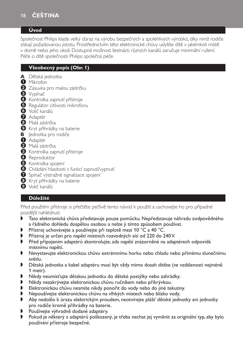 Čeština, Úvod, Všeobecný popis﻿ (obr. 1) | Důležité | Philips SCX463 User Manual | Page 18 / 102
