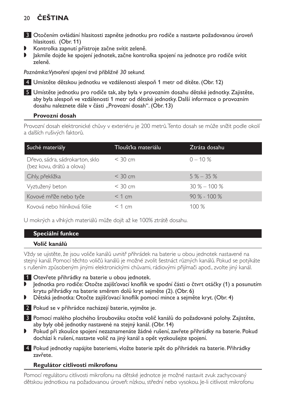 Provozní dosah, Speciální funkce, Volič kanálů | Regulátor citlivosti mikrofonu | Philips SCX463 User Manual | Page 20 / 102