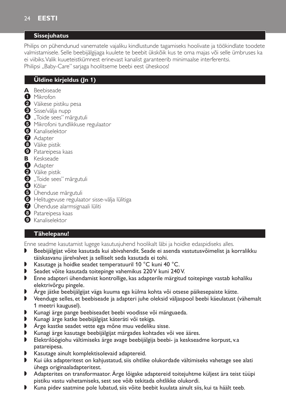Eesti, Sissejuhatus, Üldine kirjeldus﻿ (jn 1) | Tähelepanu | Philips SCX463 User Manual | Page 24 / 102